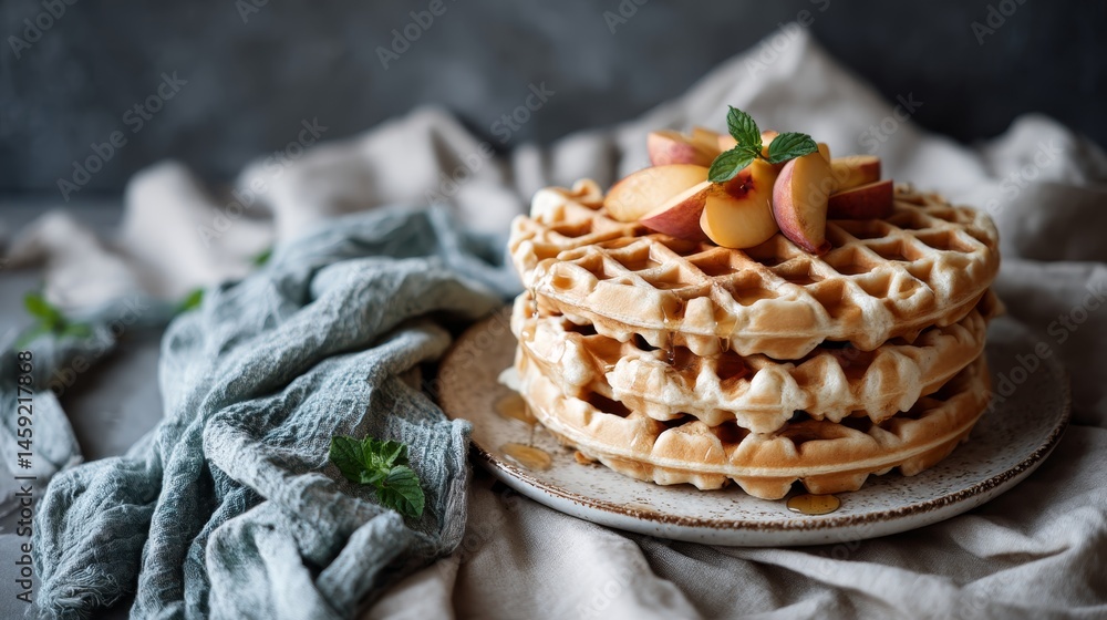 Poster Fluffy waffles drizzled with agave nectar and topped with fresh peach slices are served on a rustic plate against a soft linen backdrop, inviting indulgence at breakfast