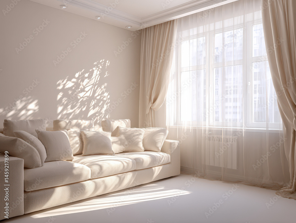 Poster sunlight streams through sheer curtains illuminating a beige sectional sofa and creating delicate sh