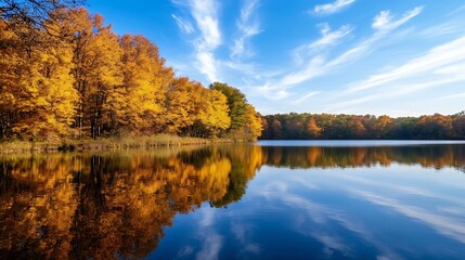 Fototapeta premium Golden autumn trees reflected in a calm lake under a vibrant blue sky with wispy clouds, creating a serene and picturesque landscape. : Generative AI