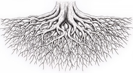 Intricate Tree Roots: A Black and White Illustration of Extensive Root System