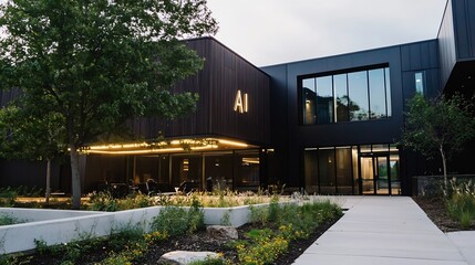 Fototapeta premium Modern building exterior at dusk, featuring a sleek dark facade, illuminated signage, and landscaped grounds. The AI logo is prominently displayed. : Generative AI