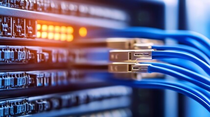 Close-up of server rack with blue fiber optic cables connected, showcasing data center technology and network infrastructure. : Generative AI