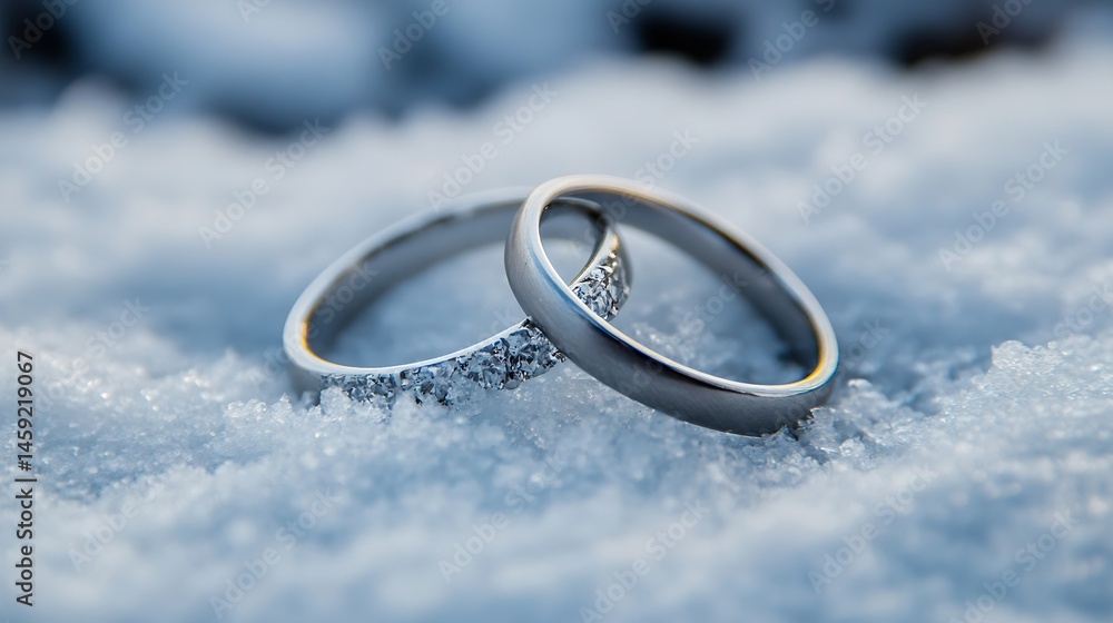 Aufkleber close-up of two elegant wedding rings resting on pristine snow, showcasing sparkling diamonds and pl