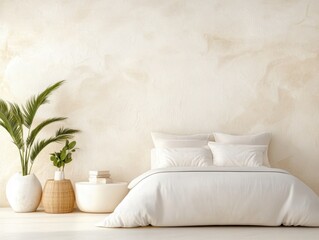 Minimalist bedroom featuring soft neutral tones with cozy bedding and indoor plants for a calming atmosphere