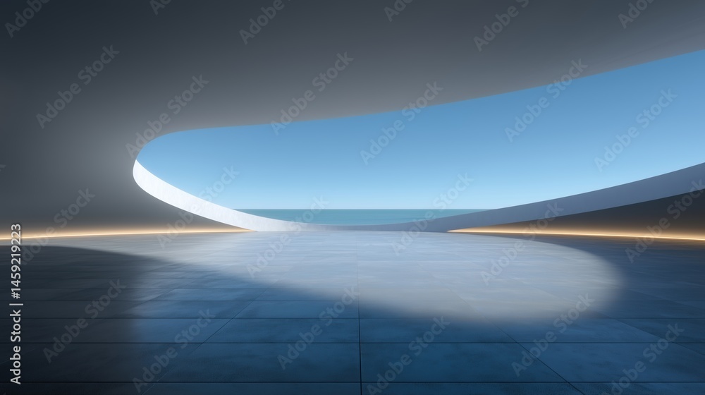 Poster abstract modern architectural interior with curved ceiling and floor illuminated by natural light fr