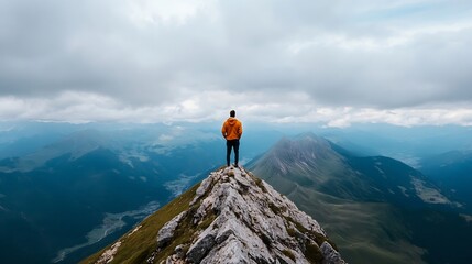A lone hiker stands on a mountain peak, gazing at a vast, breathtaking panorama of majestic, layered mountains under a cloudy sky. The scene evokes a sense of adventure, freedom, and : Generative AI
