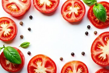 Fototapeta premium Juicy tomato slices, fresh basil, peppercorns White background , ingredient, summer