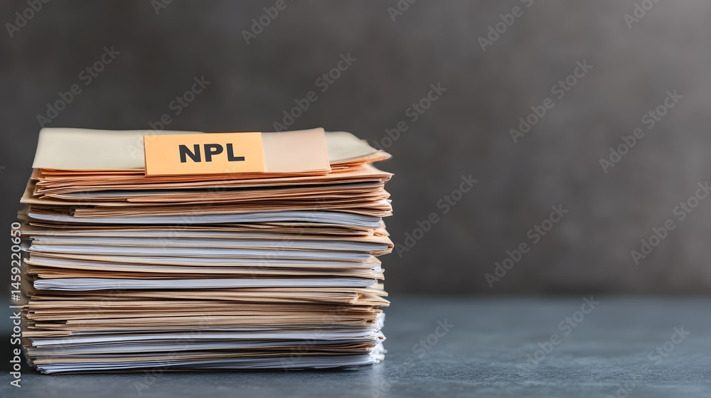 Poster stacked financial reports with 'npl' label emphasizing loan performance monitoring