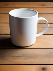 An empty white ceramic mug placed on a wooden surface