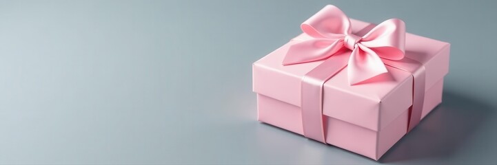 Obraz premium Pastel pink gift box, tied with a delicate pink silk ribbon bow Grey surface , giftwrap, ribbon