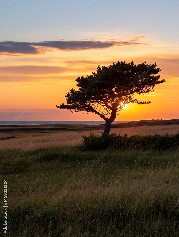 Poster silhouette of a lone pine tree stands in a grassy field, the sun setting behind it creating a warm, 