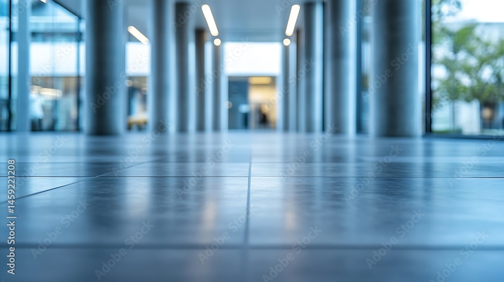 Poster modern office hallway with blurred background, showcasing sleek grey tile floor and glass walls, cre