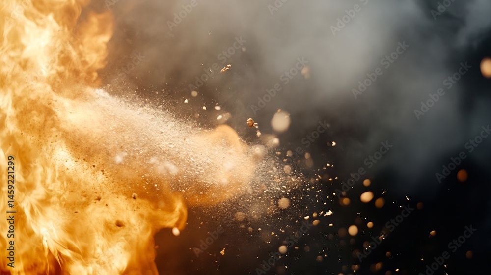Leinwandbilder Fiery explosion with dust and debris particles scattering against a dark background, creating a dramatic and intense visual effect.  The image evokes feelings of power, destruction, an : Generative AI