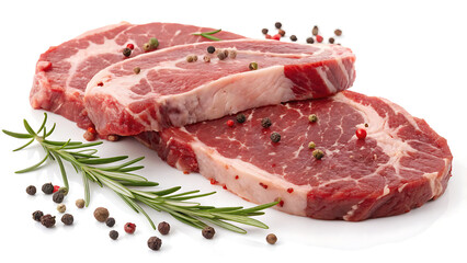 Raw Beef Steaks with Rosemary and Peppercorns on White Background

