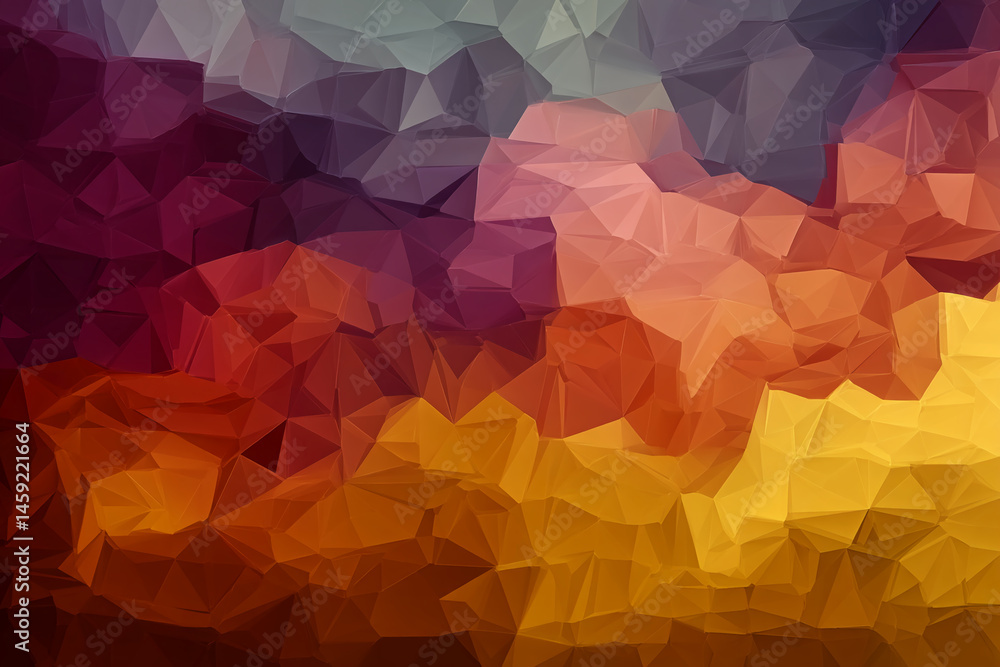 Poster abstract background of orange, red, and purple geometric shapes creating a textured, low-poly effect