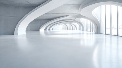 Modern architecture interior: expansive white floor, curved concrete walls, and large windows offering a city view.  The design features a sleek, minimalist aesthetic. : Generative AI