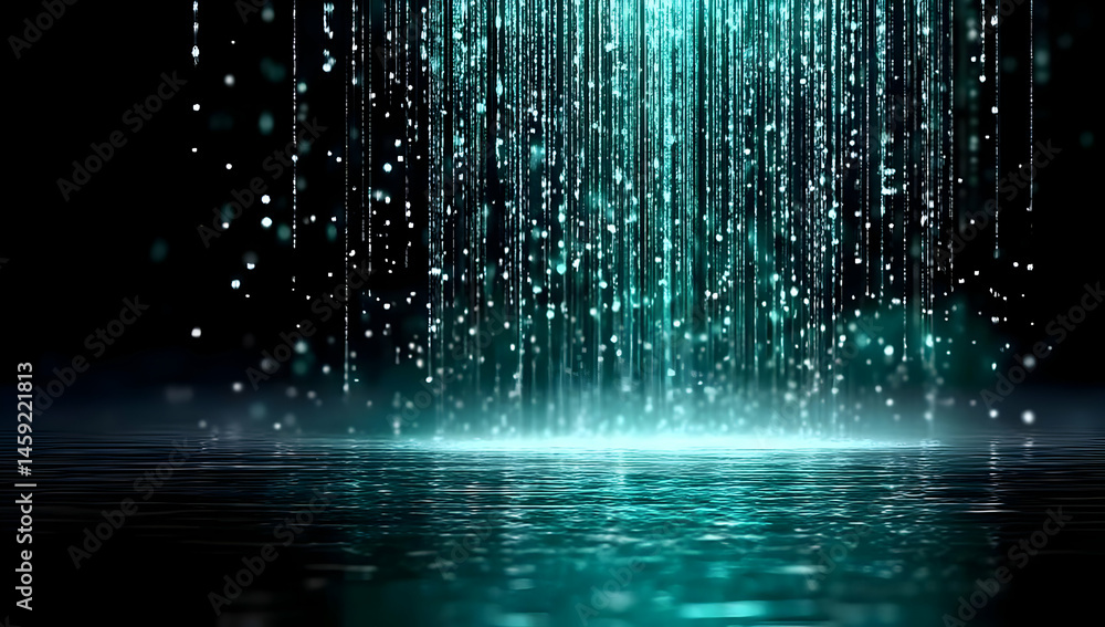 Poster a stunning visual of cascading water streams illuminated by serene turquoise light, creating a tranq