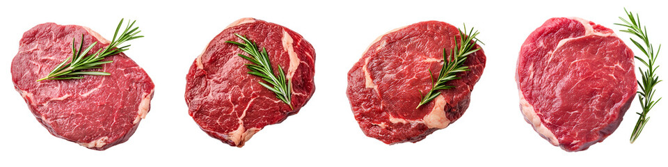 Fototapeta premium Assortment of raw beef steaks with fresh rosemary sprigs