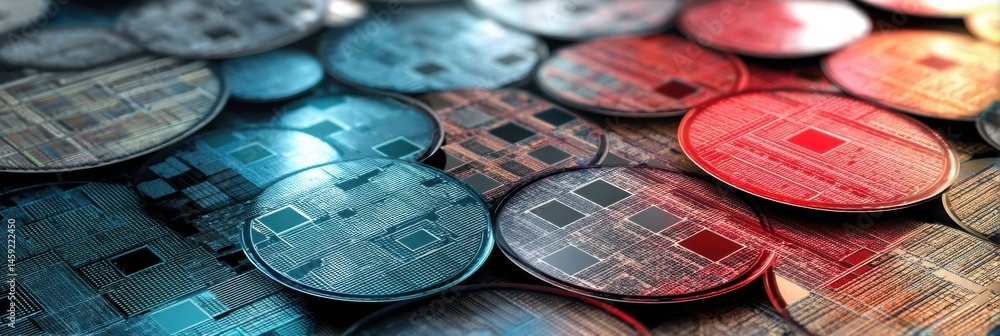 Poster detailed view of silicon wafers featuring both chinese and american chip symbols in advanced electro