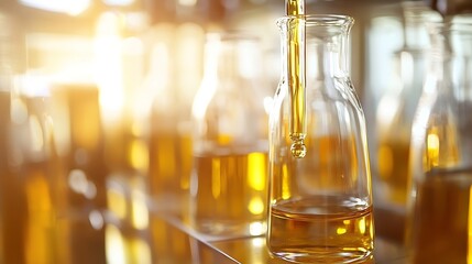 Amber liquid being poured into a glass bottle in a laboratory setting, with other bottles blurred in the background, illuminated by warm sunlight. : Generative AI