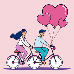 Romantic couple cycling with heart balloons, flat cartoon illustration ideal for love and Valentine’s themes.