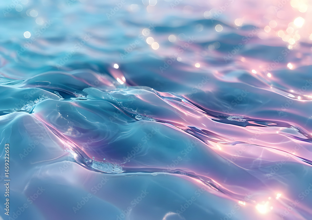 Poster a tranquil scene of shimmering water with soft waves reflecting a blend of pastel colors, creating a