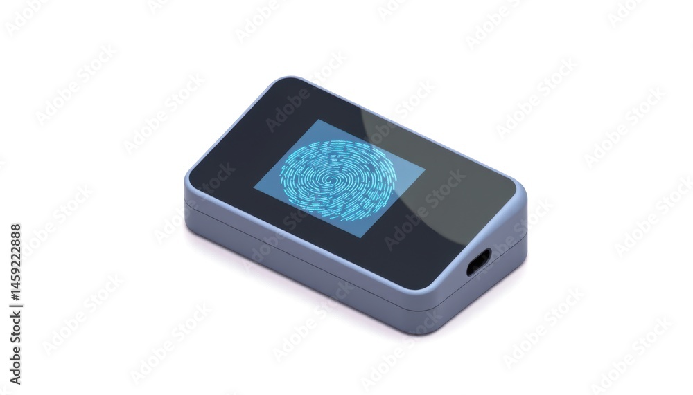 Aufkleber cybersecurity concept, fingerprint scanner device with touchscreen interface.