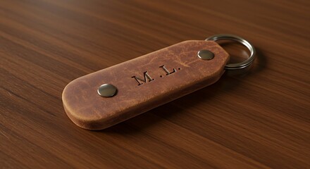 Vintage leather keychain with engraved initials on a wooden table