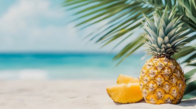 Tropical pineapple and palm leaves on the beach