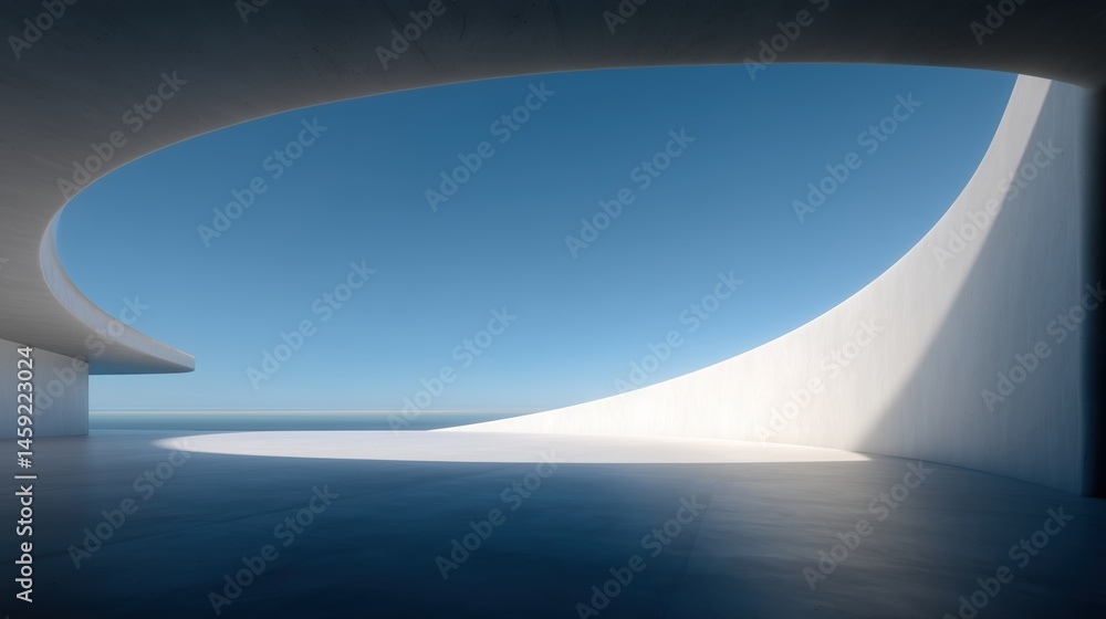 Poster abstract modern architectural interior with curved ceiling and floor illuminated by natural light fr