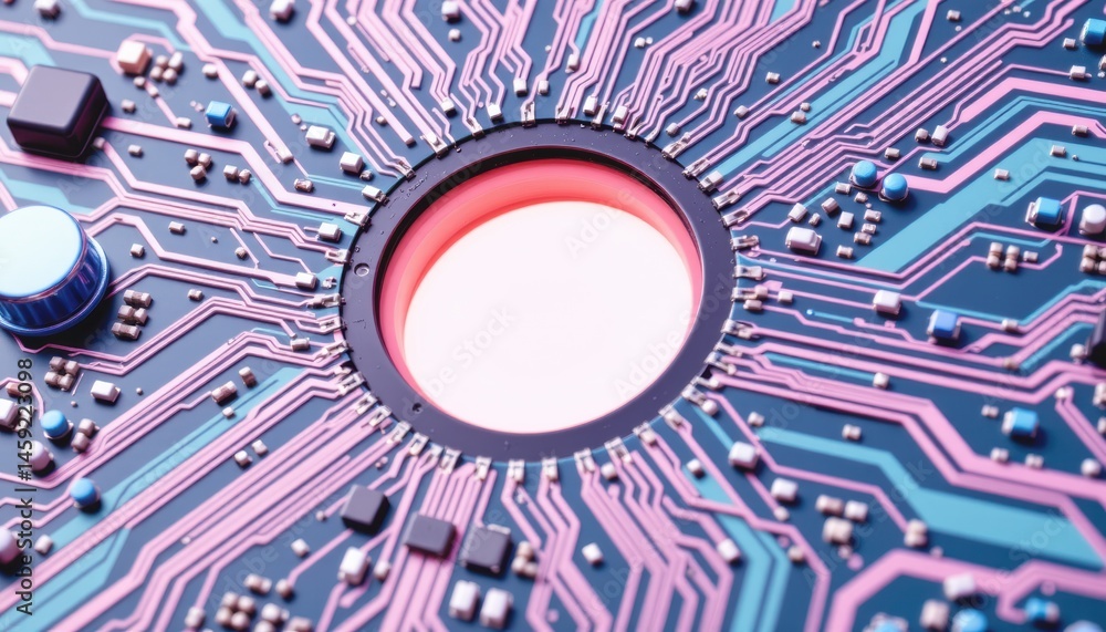 Poster cybersecurity concept, circuit board close-up with vibrant colors and intricate patterns.