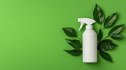 Eco-friendly cleaning spray bottle with green leaves on background