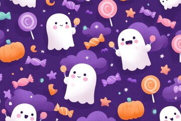 Fototapeta premium Seamless Halloween pattern illustration featuring cute white cartoon ghosts holding candy, surrounded by pumpkins and lollipops