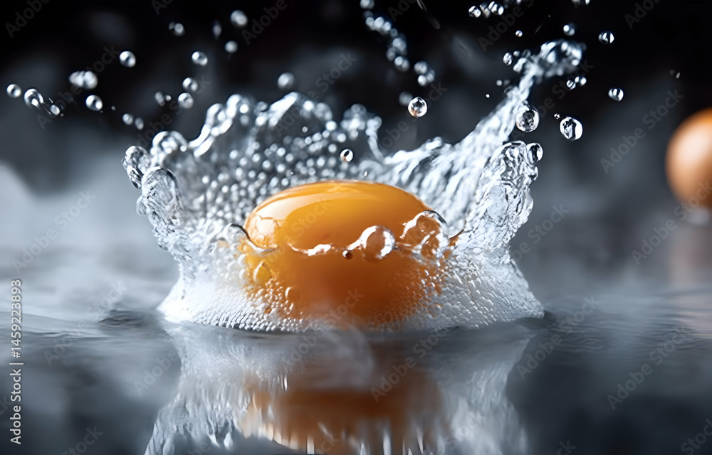 Poster a vibrant close-up image of a raw egg yolk splashing into water, creating dynamic ripples and water 