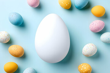 A vibrant composition of Easter eggs in various colors surrounding a large white egg, set against a soothing blue background, evoking joy and celebration.