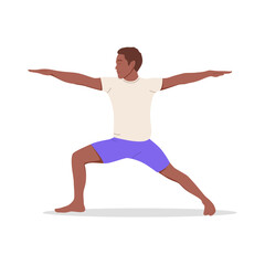 Black man practicing yoga. African american male in warrior pose, isolated on white background. Vector illustration for meditation centers, application, online yoga festival