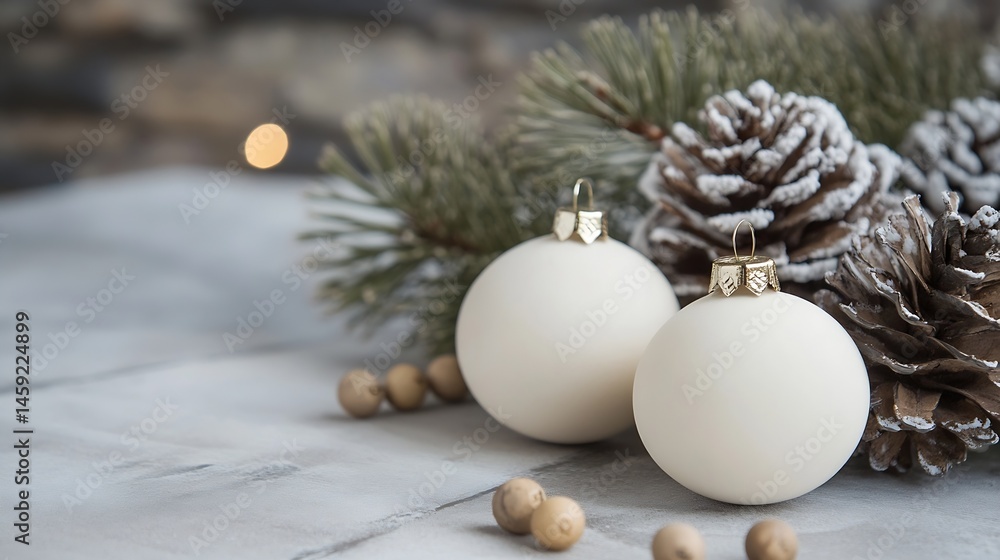 Poster two matte white christmas ornaments rest on a grey wood surface, nestled amongst pine branches and f