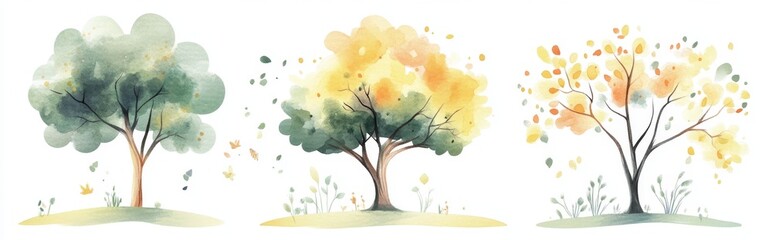 Watercolor trees in various seasons