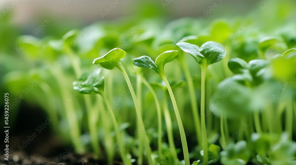 Poster close-up view of vibrant green seedlings sprouting from rich soil, showcasing delicate leaves and sl