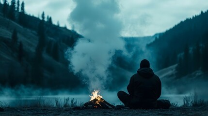 A person sitting by a campfire in the wilderness, with smoke rising in swirling patterns.