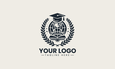 Obraz premium Graduation cap on globe with open book and laurel wreath in educational vector logo concept