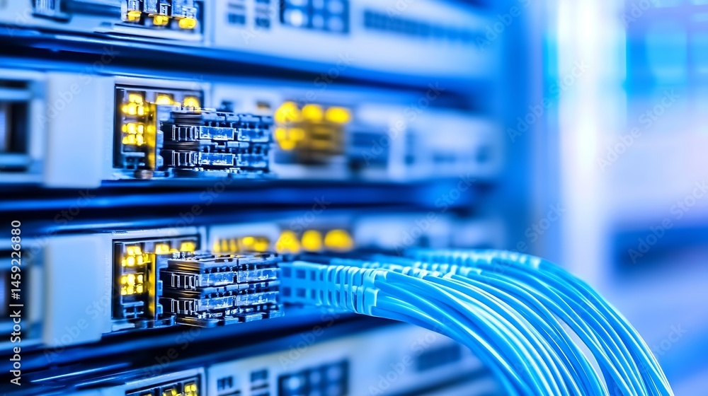 Poster Close-up view of fiber optic cables connected to a network server rack, showcasing the intricate details of data transfer technology. : Generative AI