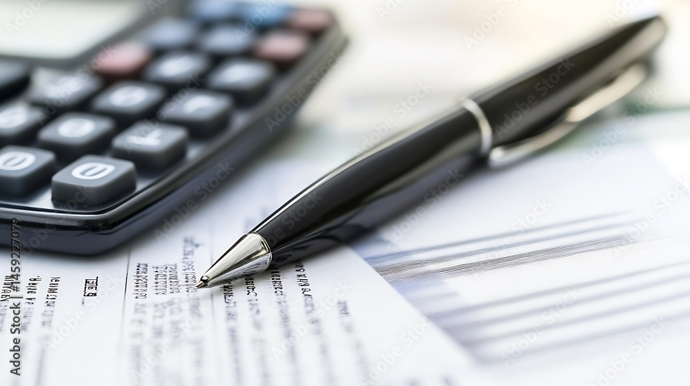Poster close-up of a black pen resting on a document near a calculator, suggesting financial planning or ac