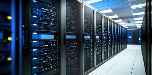 Dark industrial server room filled with large secure cabinets and overhead cable trays, representing network backbone infrastructure and enterprise cloud operations