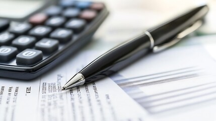 Close-up of a black pen resting on a document near a calculator, suggesting financial planning or accounting tasks. : Generative AI