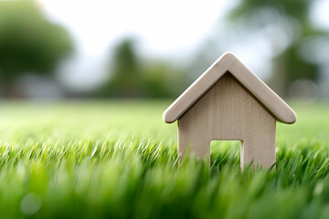 A wooden model house sits gracefully on a lush green lawn, symbolizing comfort, tranquility, and the essence of home in nature's embrace.