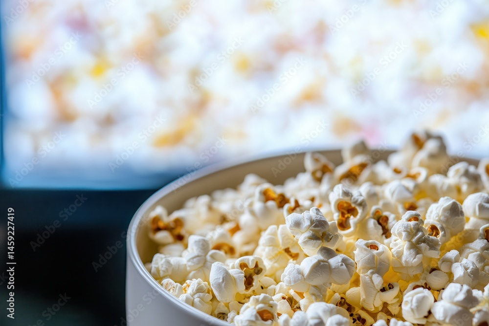 Poster a bowl overflowing with fluffy popcorn, ready for a movie night, with blurred visuals on a large scr