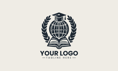 Fototapeta premium Graduation cap on globe with open book and laurel wreath in educational vector logo concept