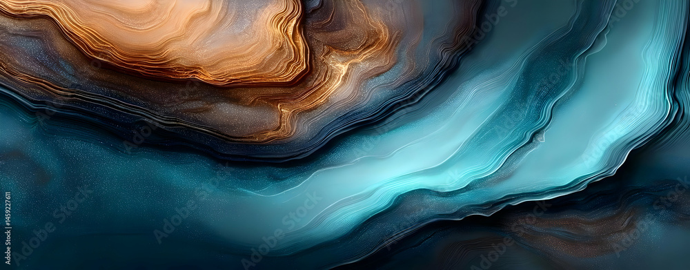 Poster an abstract artwork featuring flowing layers of blue, orange, and black tones, creating a dynamic an