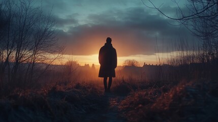 A person is standing in a field at sunset. The sky is filled with clouds and the sun is setting. The person is wearing a coat and he is alone